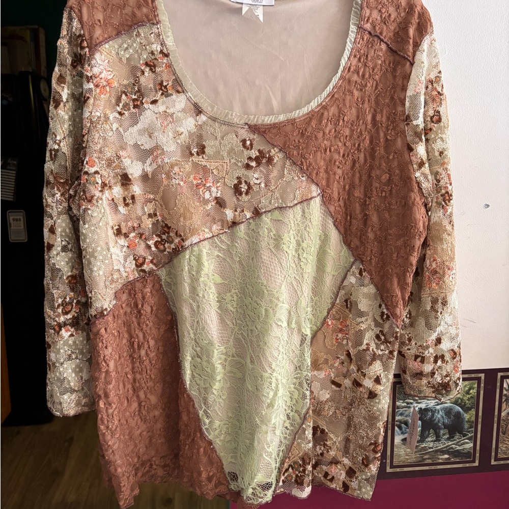 Dress Barn Patchwork Lace Scoop-Neck Tunic in Brown, Cream & Light Green